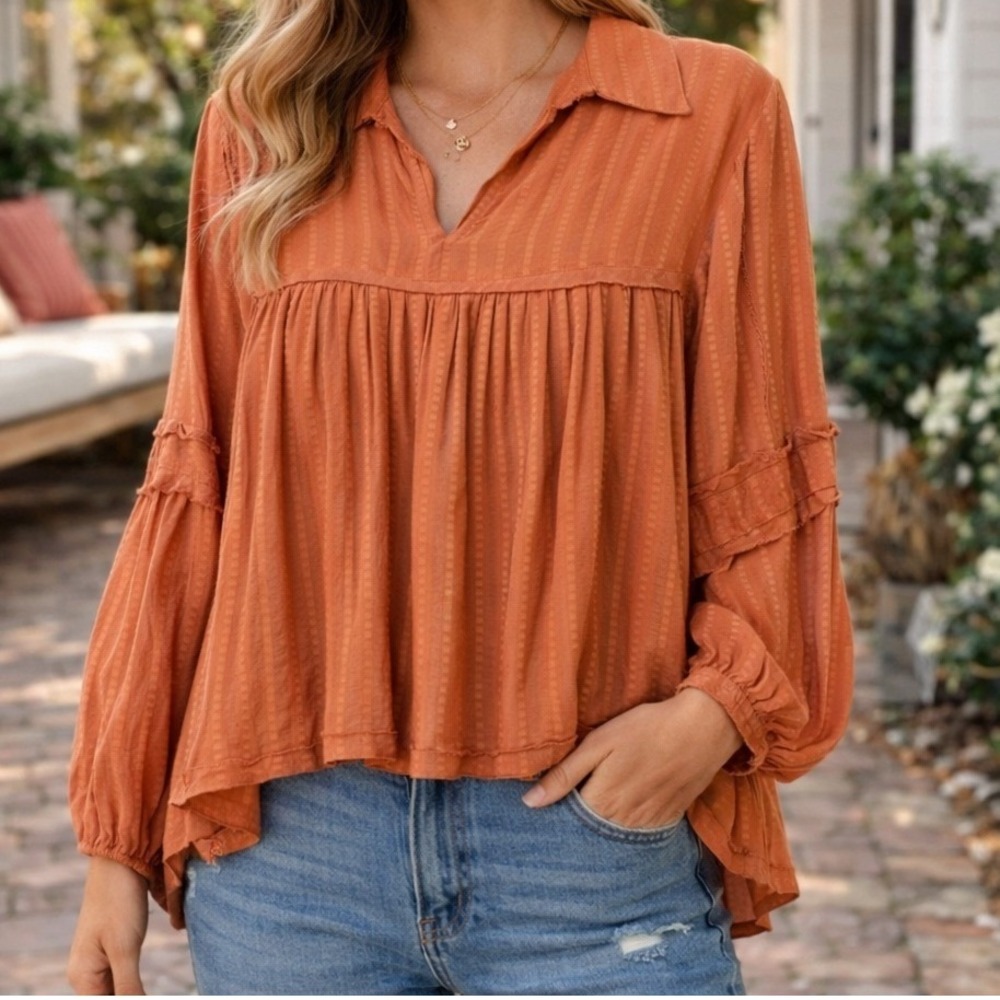 Charmed Hearts Blouse Womens XS Orange‎ Babydoll Raw Edge Stripe Long Sleeve Top